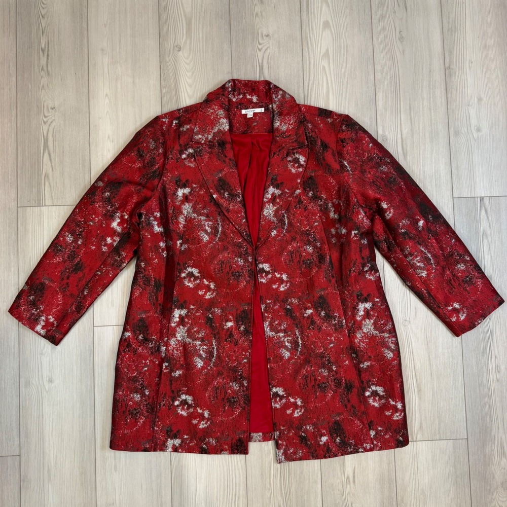 Chicos Red Metallic Abstract Brocade Blazer Jacket Size 4 2XL Notched Lapel